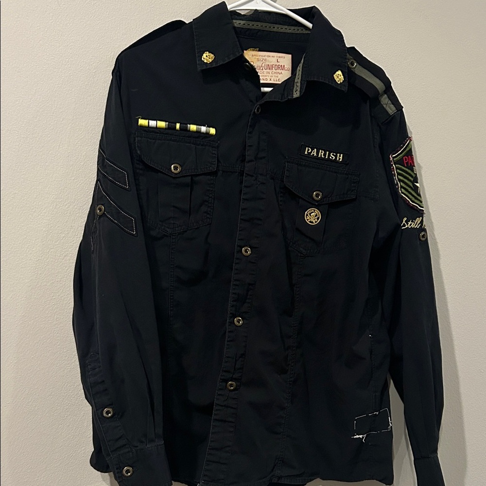 Parish Uniform Co Military Patch Button Down Shirt Jacket Black Size L